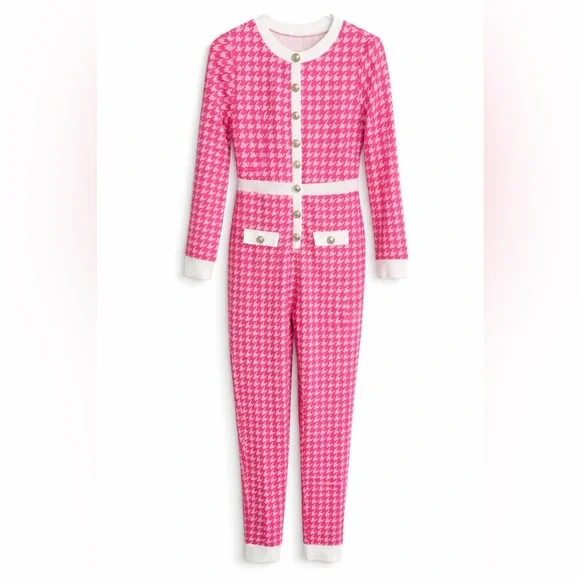 Pink Houndstooth Knit Jumpsuit with White Trim - Picture 4 of 4